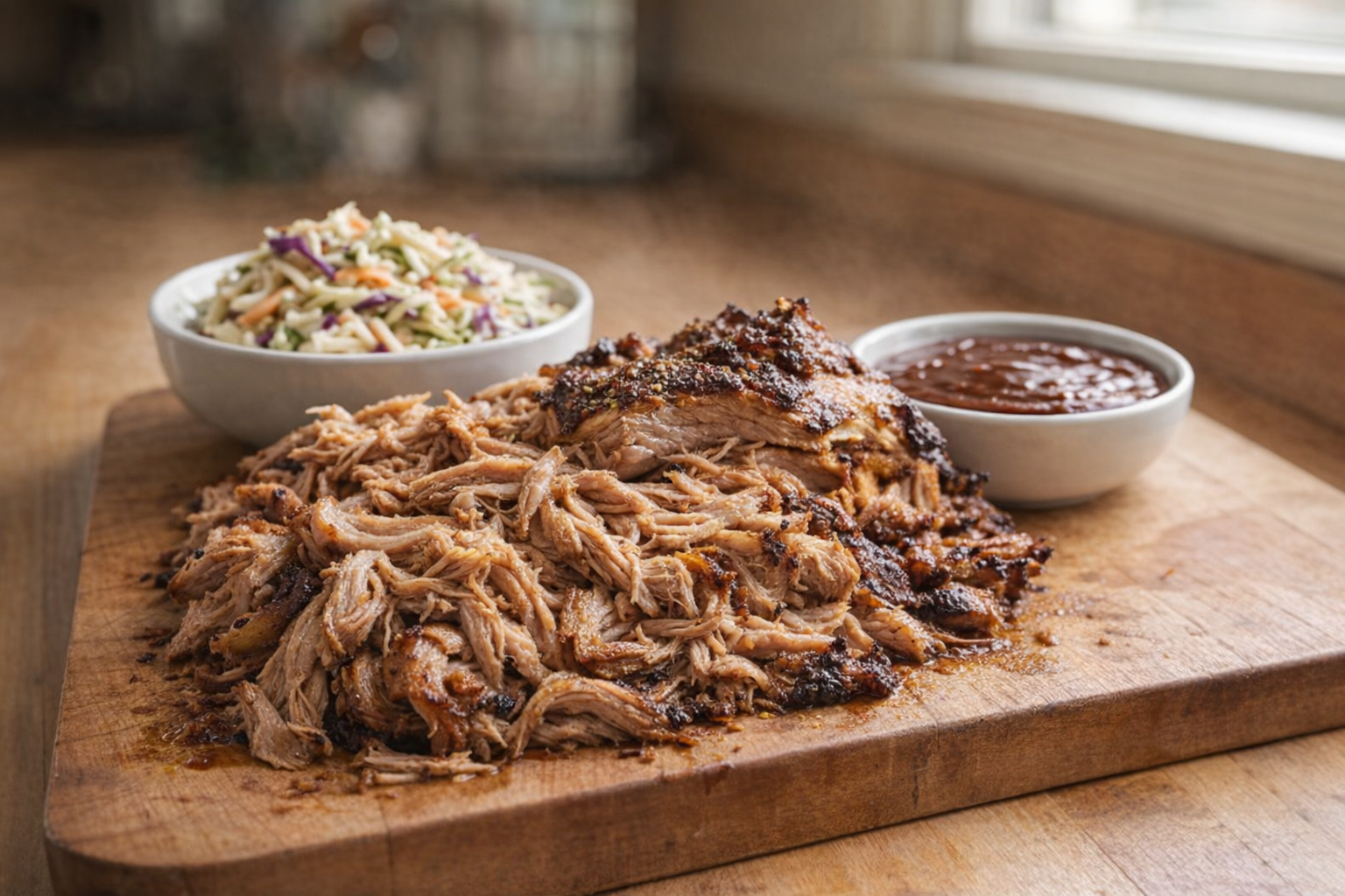 A perfectly cooked pork shoulder, pulled and arranged on a wooden board with a side of coleslaw and barbecue sauce, bright natural light